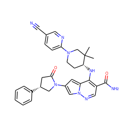 CC1(C)CN(c2ccc(C#N)cn2)CC[C@H]1Nc1c(C(N)=O)cnn2cc(N3C[C@H](c4ccccc4)CC3=O)cc12 ZINC000261101690