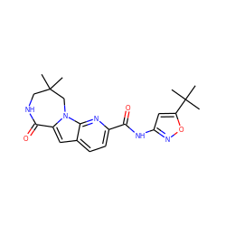 CC1(C)CNC(=O)c2cc3ccc(C(=O)Nc4cc(C(C)(C)C)on4)nc3n2C1 ZINC000147130344