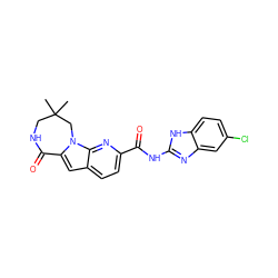 CC1(C)CNC(=O)c2cc3ccc(C(=O)Nc4nc5cc(Cl)ccc5[nH]4)nc3n2C1 ZINC000148456595