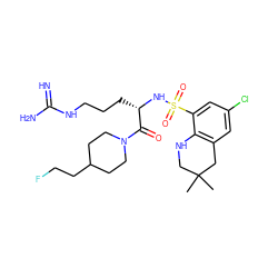 CC1(C)CNc2c(cc(Cl)cc2S(=O)(=O)N[C@@H](CCCNC(=N)N)C(=O)N2CCC(CCF)CC2)C1 ZINC000003831737