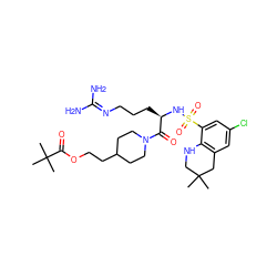 CC1(C)CNc2c(cc(Cl)cc2S(=O)(=O)N[C@H](CCCN=C(N)N)C(=O)N2CCC(CCOC(=O)C(C)(C)C)CC2)C1 ZINC000027523598