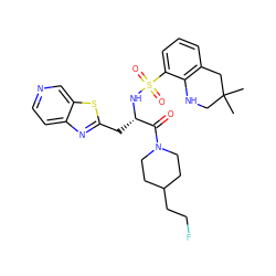 CC1(C)CNc2c(cccc2S(=O)(=O)N[C@@H](Cc2nc3ccncc3s2)C(=O)N2CCC(CCF)CC2)C1 ZINC000029338448