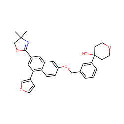 CC1(C)COC(c2cc(-c3ccoc3)c3ccc(OCc4cccc(C5(O)CCOCC5)c4)cc3c2)=N1 ZINC000013759174