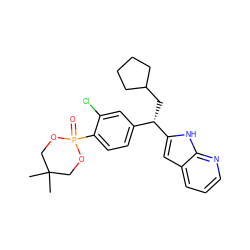 CC1(C)COP(=O)(c2ccc([C@H](CC3CCCC3)c3cc4cccnc4[nH]3)cc2Cl)OC1 ZINC000653799713