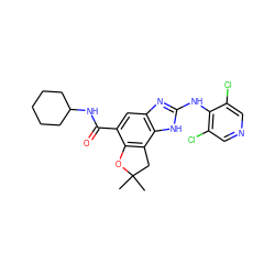 CC1(C)Cc2c(c(C(=O)NC3CCCCC3)cc3nc(Nc4c(Cl)cncc4Cl)[nH]c23)O1 ZINC000139868571