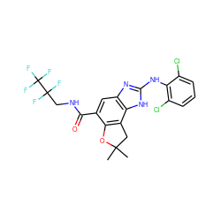 CC1(C)Cc2c(c(C(=O)NCC(F)(F)C(F)(F)F)cc3nc(Nc4c(Cl)cccc4Cl)[nH]c23)O1 ZINC000140057367