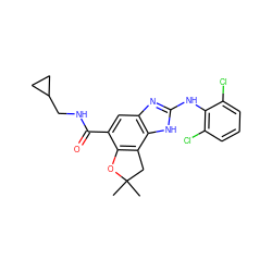 CC1(C)Cc2c(c(C(=O)NCC3CC3)cc3nc(Nc4c(Cl)cccc4Cl)[nH]c23)O1 ZINC000140046059