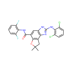 CC1(C)Cc2c(c(C(=O)Nc3c(F)cccc3F)cc3[nH]c(Nc4c(Cl)cccc4Cl)nc23)O1 ZINC000199560896