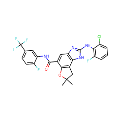 CC1(C)Cc2c(c(C(=O)Nc3cc(C(F)(F)F)ccc3F)cc3nc(Nc4c(F)cccc4Cl)[nH]c23)O1 ZINC000139875510