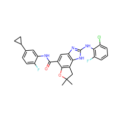 CC1(C)Cc2c(c(C(=O)Nc3cc(C4CC4)ccc3F)cc3nc(Nc4c(F)cccc4Cl)[nH]c23)O1 ZINC000139819916