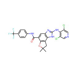 CC1(C)Cc2c(c(C(=O)Nc3ccc(C(F)(F)F)cc3)cc3nc(Nc4c(Cl)cncc4Cl)[nH]c23)O1 ZINC000139998747