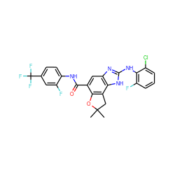 CC1(C)Cc2c(c(C(=O)Nc3ccc(C(F)(F)F)cc3F)cc3nc(Nc4c(F)cccc4Cl)[nH]c23)O1 ZINC000139992981