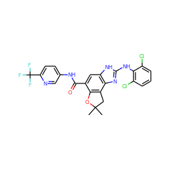 CC1(C)Cc2c(c(C(=O)Nc3ccc(C(F)(F)F)nc3)cc3[nH]c(Nc4c(Cl)cccc4Cl)nc23)O1 ZINC000203721749