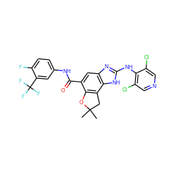 CC1(C)Cc2c(c(C(=O)Nc3ccc(F)c(C(F)(F)F)c3)cc3nc(Nc4c(Cl)cncc4Cl)[nH]c23)O1 ZINC000139812614