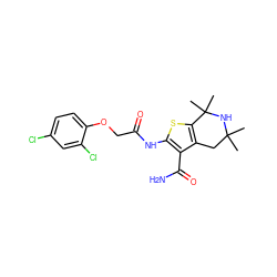 CC1(C)Cc2c(sc(NC(=O)COc3ccc(Cl)cc3Cl)c2C(N)=O)C(C)(C)N1 ZINC000009639645