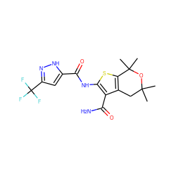 CC1(C)Cc2c(sc(NC(=O)c3cc(C(F)(F)F)n[nH]3)c2C(N)=O)C(C)(C)O1 ZINC001772640921