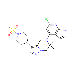 CC1(C)Cn2ncc(C3CCN(S(C)(=O)=O)CC3)c2CN1c1cc(Cl)nc2[nH]ccc12 ZINC000299822834