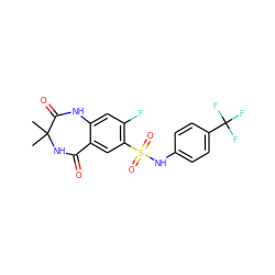 CC1(C)NC(=O)c2cc(S(=O)(=O)Nc3ccc(C(F)(F)F)cc3)c(F)cc2NC1=O ZINC000103298364