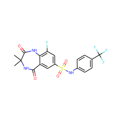 CC1(C)NC(=O)c2cc(S(=O)(=O)Nc3ccc(C(F)(F)F)cc3)cc(F)c2NC1=O ZINC000103298362