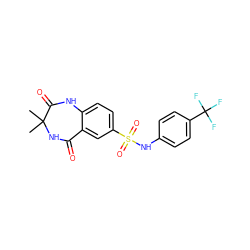 CC1(C)NC(=O)c2cc(S(=O)(=O)Nc3ccc(C(F)(F)F)cc3)ccc2NC1=O ZINC000103298368