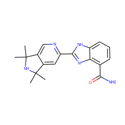 CC1(C)NC(C)(C)c2cc(-c3nc4c(C(N)=O)cccc4[nH]3)ncc21 ZINC000040394388