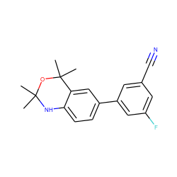 CC1(C)Nc2ccc(-c3cc(F)cc(C#N)c3)cc2C(C)(C)O1 ZINC000013439601