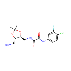 CC1(C)O[C@@H](CN)[C@H](CNC(=O)C(=O)Nc2ccc(Cl)c(F)c2)O1 ZINC000066263524