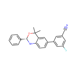 CC1(C)O[C@@H](c2ccccc2)Nc2ccc(-c3cc(F)cc(C#N)c3)cc21 ZINC000013439616