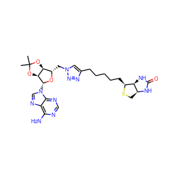 CC1(C)O[C@H]2[C@H](Cn3cc(CCCCC[C@@H]4SC[C@@H]5NC(=O)N[C@H]45)nn3)O[C@H](n3cnc4c(N)ncnc43)[C@H]2O1 ZINC000221954434