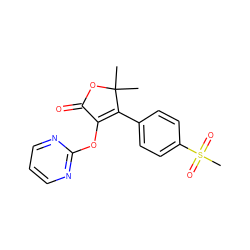 CC1(C)OC(=O)C(Oc2ncccn2)=C1c1ccc(S(C)(=O)=O)cc1 ZINC000026944963