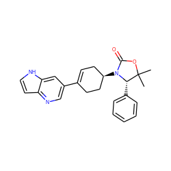 CC1(C)OC(=O)N([C@@H]2CC=C(c3cnc4cc[nH]c4c3)CC2)[C@H]1c1ccccc1 ZINC000147423676