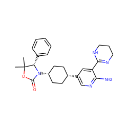 CC1(C)OC(=O)N([C@H]2CC[C@@H](c3cnc(N)c(C4=NCCCN4)c3)CC2)[C@H]1c1ccccc1 ZINC001772639839