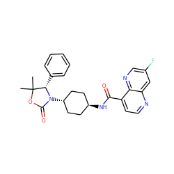 CC1(C)OC(=O)N([C@H]2CC[C@H](NC(=O)c3ccnc4cc(F)cnc34)CC2)[C@H]1c1ccccc1 ZINC000261143340