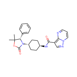 CC1(C)OC(=O)N([C@H]2CC[C@H](NC(=O)c3cnn4cccnc34)CC2)[C@H]1c1ccccc1 ZINC001772587286