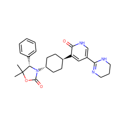 CC1(C)OC(=O)N([C@H]2CC[C@H](c3cc(C4=NCCCN4)c[nH]c3=O)CC2)[C@H]1c1ccccc1 ZINC001772593273