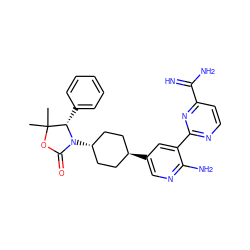 CC1(C)OC(=O)N([C@H]2CC[C@H](c3cnc(N)c(-c4nccc(C(=N)N)n4)c3)CC2)[C@H]1c1ccccc1 ZINC001772604477