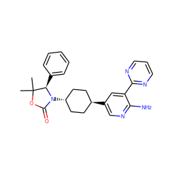 CC1(C)OC(=O)N([C@H]2CC[C@H](c3cnc(N)c(-c4ncccn4)c3)CC2)[C@@H]1c1ccccc1 ZINC001772617411