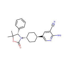 CC1(C)OC(=O)N([C@H]2CC[C@H](c3cnc(N)c(C#N)c3)CC2)[C@H]1c1ccccc1 ZINC000261169292