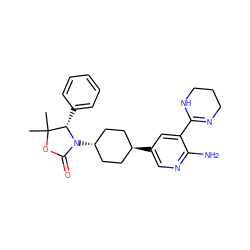 CC1(C)OC(=O)N([C@H]2CC[C@H](c3cnc(N)c(C4=NCCCN4)c3)CC2)[C@H]1c1ccccc1 ZINC001772645502