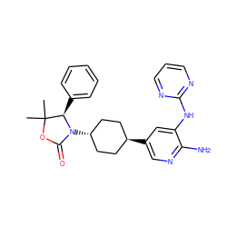 CC1(C)OC(=O)N([C@H]2CC[C@H](c3cnc(N)c(Nc4ncccn4)c3)CC2)[C@@H]1c1ccccc1 ZINC001772619777