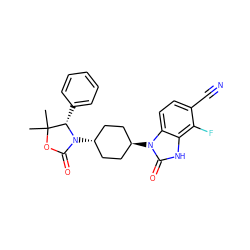 CC1(C)OC(=O)N([C@H]2CC[C@H](n3c(=O)[nH]c4c(F)c(C#N)ccc43)CC2)[C@H]1c1ccccc1 ZINC000261102829