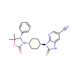 CC1(C)OC(=O)N([C@H]2CC[C@H](n3c(=O)[nH]c4cc(C#N)cnc43)CC2)[C@H]1c1ccccc1 ZINC000299849156