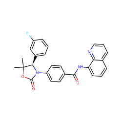 CC1(C)OC(=O)N(c2ccc(C(=O)Nc3cccc4cccnc34)cc2)[C@@H]1c1cccc(F)c1 ZINC000146909092