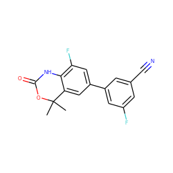 CC1(C)OC(=O)Nc2c(F)cc(-c3cc(F)cc(C#N)c3)cc21 ZINC000013491411