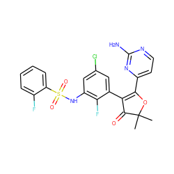CC1(C)OC(c2ccnc(N)n2)=C(c2cc(Cl)cc(NS(=O)(=O)c3ccccc3F)c2F)C1=O ZINC000220260937