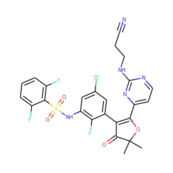 CC1(C)OC(c2ccnc(NCCC#N)n2)=C(c2cc(Cl)cc(NS(=O)(=O)c3c(F)cccc3F)c2F)C1=O ZINC000220299282