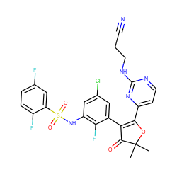 CC1(C)OC(c2ccnc(NCCC#N)n2)=C(c2cc(Cl)cc(NS(=O)(=O)c3cc(F)ccc3F)c2F)C1=O ZINC000220280094