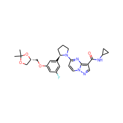 CC1(C)OC[C@@H](COc2cc(F)cc([C@H]3CCCN3c3ccn4ncc(C(=O)NC5CC5)c4n3)c2)O1 ZINC000114905366