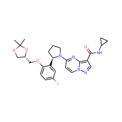 CC1(C)OC[C@@H](COc2ccc(F)cc2[C@H]2CCCN2c2ccn3ncc(C(=O)NC4CC4)c3n2)O1 ZINC000114907444