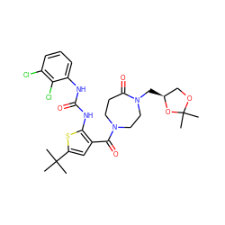 CC1(C)OC[C@H](CN2CCN(C(=O)c3cc(C(C)(C)C)sc3NC(=O)Nc3cccc(Cl)c3Cl)CCC2=O)O1 ZINC000073199889